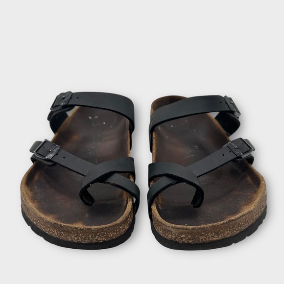 Birkenstock Mayari Sandals 38 L7 M5 Black Leather Toe Loop Adjustable Buckle - Picture 1 of 15